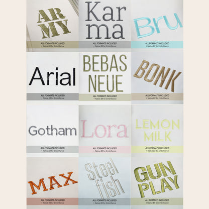 Bundle 12 Bold Block Native BX Embroidery Fonts - Satin Stitch Alphabet (0.25-8in)