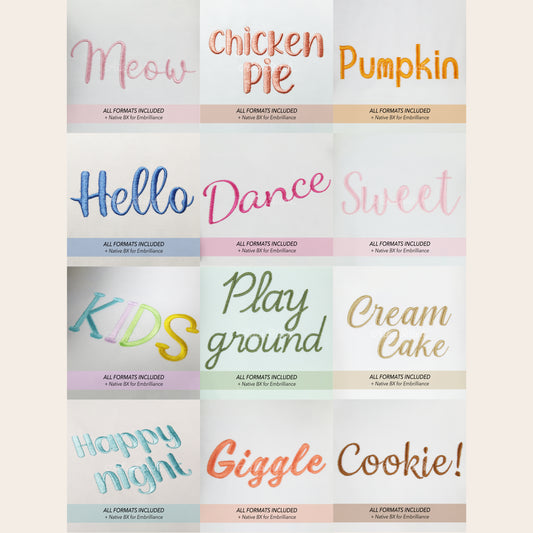 Bundle 12 Native BX Embroidery Fonts - Satin Stitch Alphabet (0.25-8in)