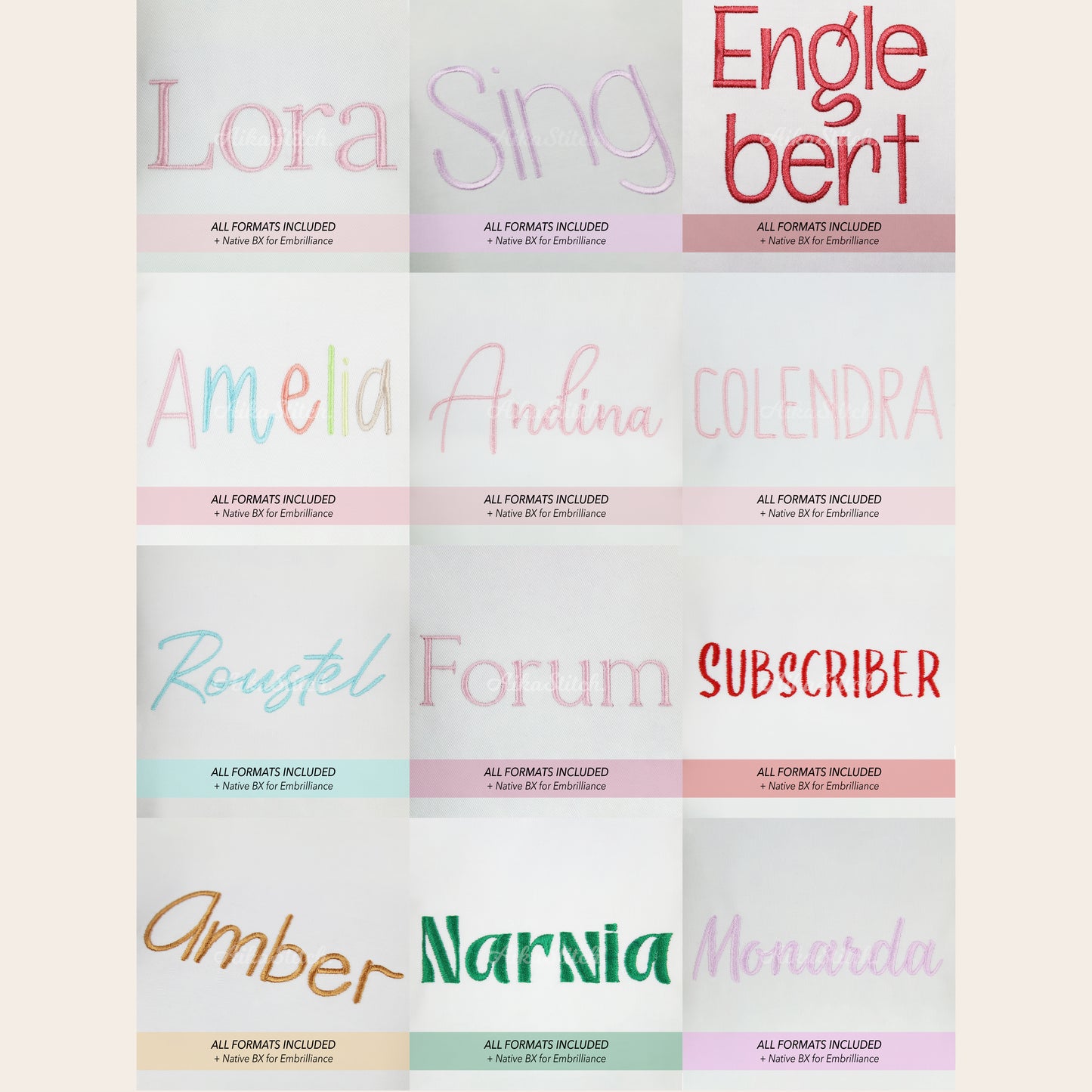 Bundle 12 Elegant Serif Native BX Embroidery Fonts - Satin Stitch Alphabet (0.25-8in)