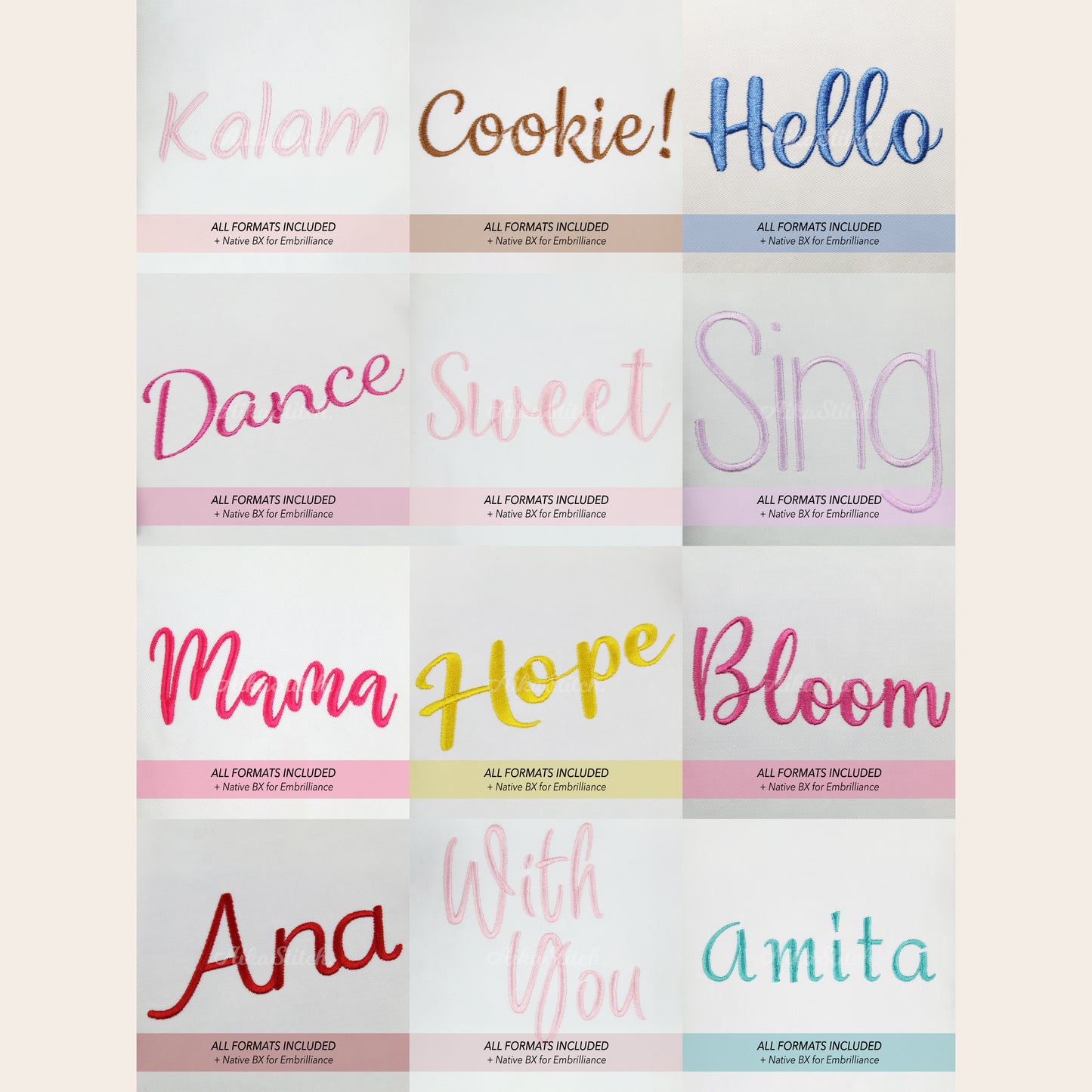 Bundle 12 Handwritten Native BX Embroidery Fonts - Satin Stitch Alphabet (0.25-8in)
