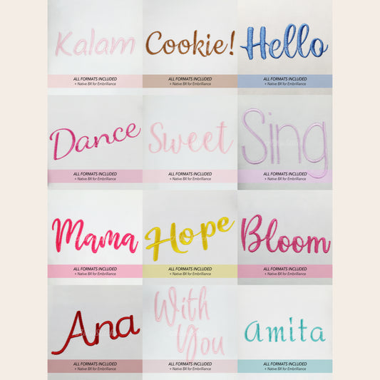 Bundle 12 Handwritten Native BX Embroidery Fonts - Satin Stitch Alphabet (0.25-8in)