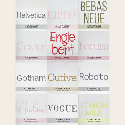 Bundle 12 Modern Sans Native BX Embroidery Fonts - Satin Stitch Alphabet (0.25-8in)