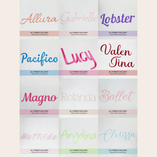 Bundle 12 Script Native BX Embroidery Fonts - Satin Stitch Alphabet (0.25-8in)