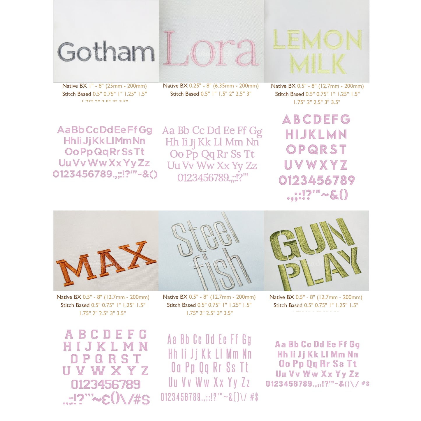 Bundle 12 Bold Block Native BX Embroidery Fonts - Satin Stitch Alphabet (0.25-8in)