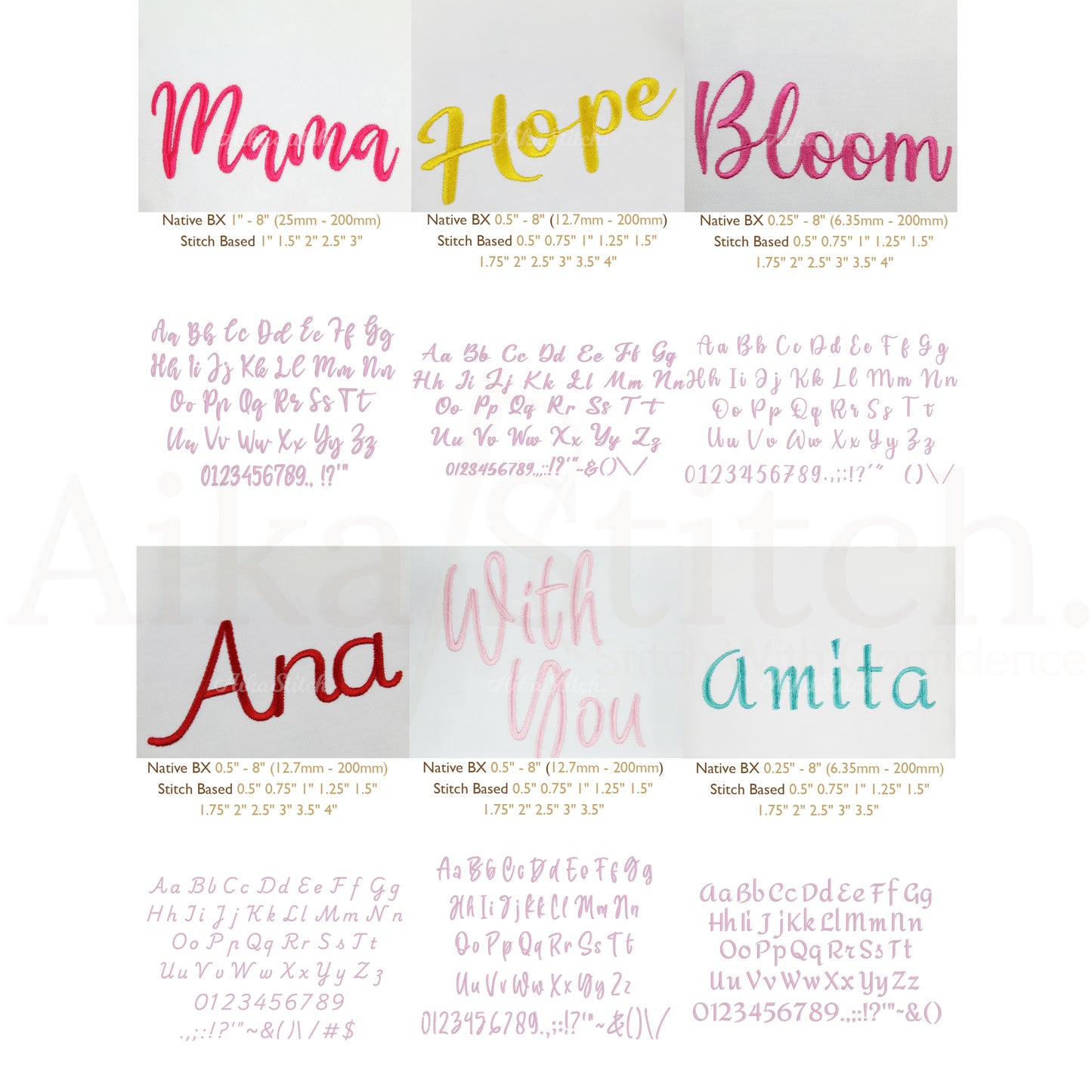 Bundle 12 Handwritten Native BX Embroidery Fonts - Satin Stitch Alphabet (0.25-8in)