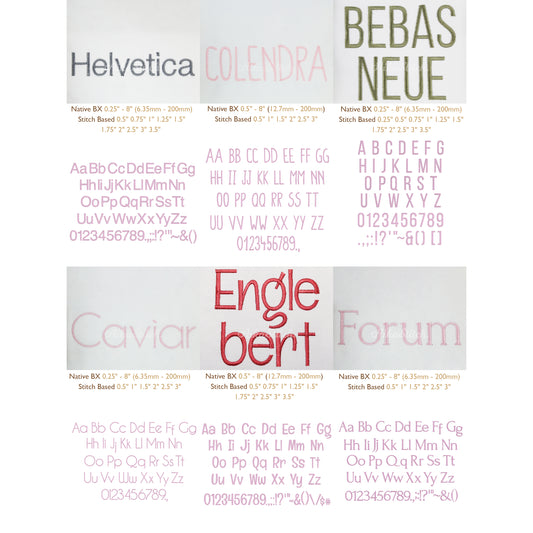 Bundle 12 Modern Sans Native BX Embroidery Fonts - Satin Stitch Alphabet (0.25-8in)