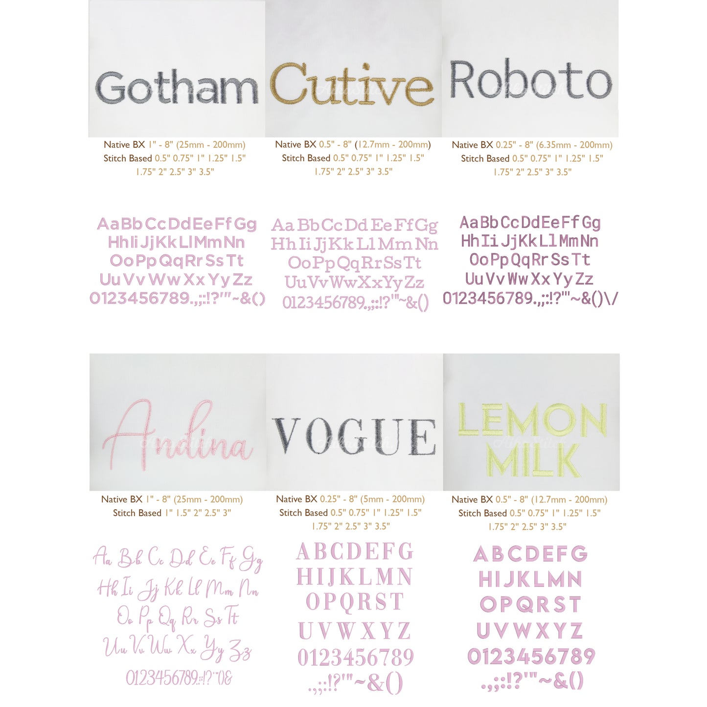 Bundle 12 Modern Sans Native BX Embroidery Fonts - Satin Stitch Alphabet (0.25-8in)