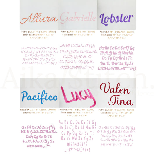 Bundle 12 Script Native BX Embroidery Fonts - Satin Stitch Alphabet (0.25-8in)