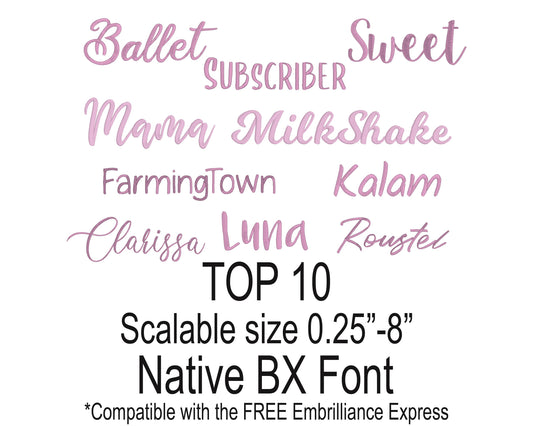 Top 10  Native BX Embroidery Fonts - Satin Stitch Alphabet (0.25-8in)