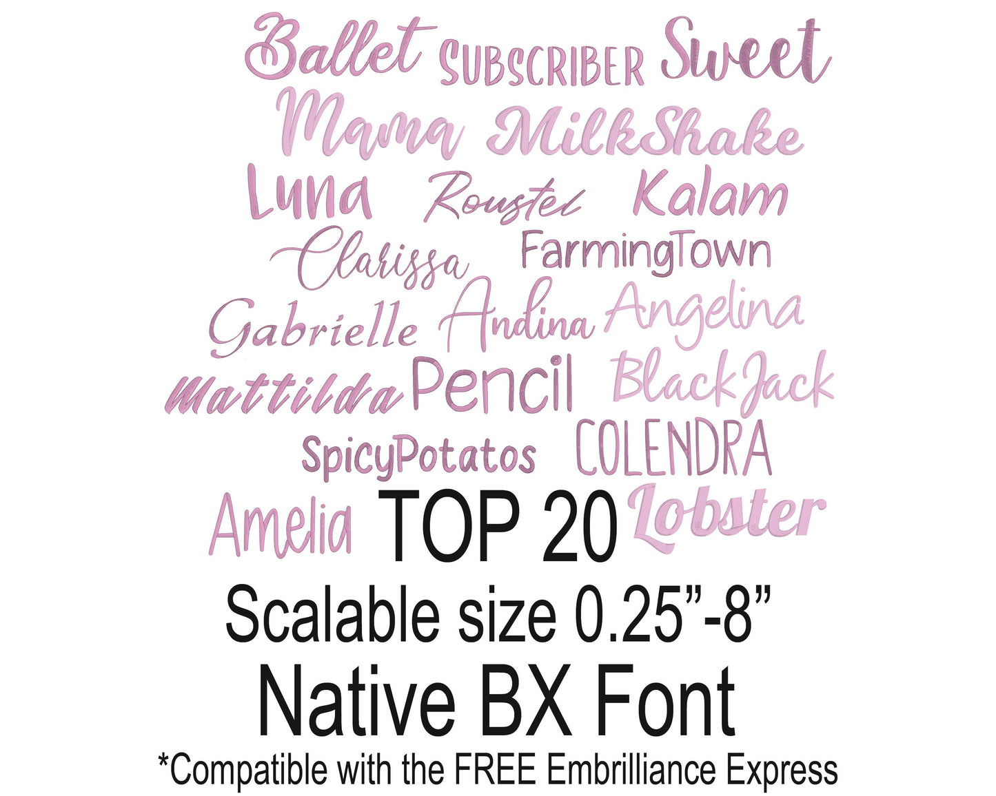 Top 20 Native BX Embroidery Fonts - Satin Stitch Alphabet (0.25-8in)
