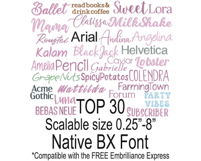 Top 30 Native BX Embroidery Fonts - Satin Stitch Alphabet (0.25-8in)