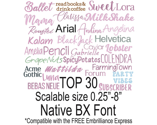 Top 30 Native BX Embroidery Fonts - Satin Stitch Alphabet (0.25-8in)