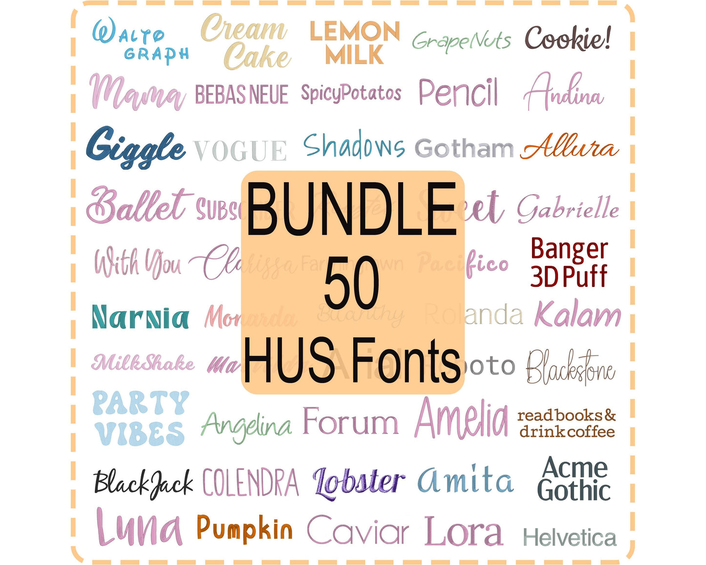Bundle 50 HUS Embroidery Font - Satin Stitch Alphabet