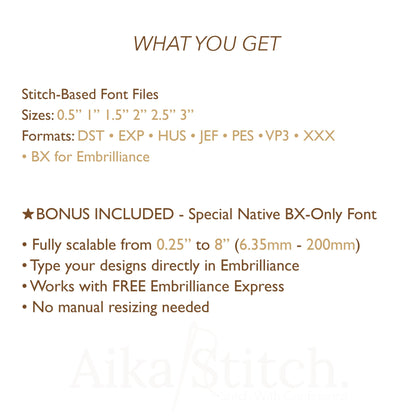 Lora Native BX Embroidery Font - Satin Stitch Alphabet (6 Sizes)