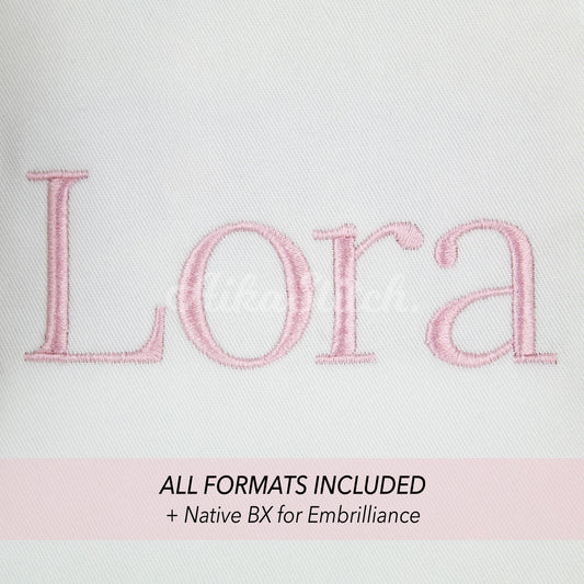 Lora Native BX Embroidery Font - Satin Stitch Alphabet (6 Sizes)