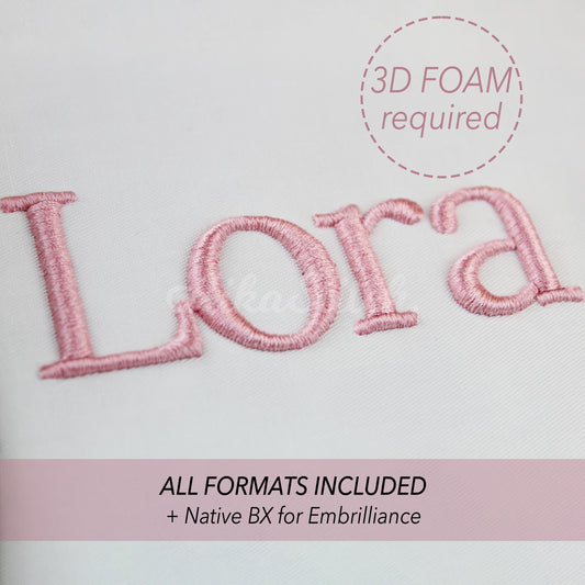 Lora 3D Puff Native BX Embroidery Font – Foam Alphabet (7 Sizes)